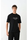 Unisex Bisiklet Yaka Baskılı Oversize T-Shirt - Siyah