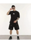 Unisex Bisiklet Yaka Baskılı Oversize T-Shirt - Siyah