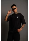 Unisex Bisiklet Yaka Baskılı Oversize T-Shirt - Siyah