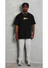 Unisex Bisiklet Yaka Baskılı Oversize T-Shirt - Siyah