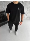 Unisex Bisiklet Yaka Baskılı Oversize T-Shirt - Siyah