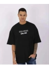 Unisex Bisiklet Yaka Baskılı Oversize T-Shirt - Siyah