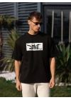 Unisex Bisiklet Yaka Baskılı Oversize T-Shirt - Siyah