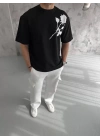 Unisex Bisiklet Yaka Baskılı Oversize T-Shirt - Siyah