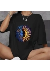 Unisex Bisiklet Yaka Baskılı Oversize T-Shirt - Siyah
