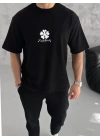 Unisex Bisiklet Yaka Baskılı Oversize T-Shirt - Siyah