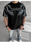 Unisex Bisiklet Yaka Baskılı Oversize T-Shirt - Siyah