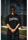 Unisex Bisiklet Yaka Baskılı Oversize T-Shirt - Siyah