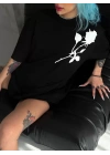 Unisex Bisiklet Yaka Baskılı Oversize T-Shirt - Siyah