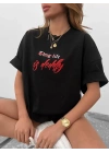 Unisex Bisiklet Yaka Baskılı Oversize T-Shirt - Siyah
