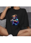 Unisex Bisiklet Yaka Baskılı Oversize T-Shirt - Siyah