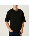 Unisex Bisiklet Yaka Baskılı Oversize T-Shirt - Siyah