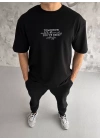 Unisex Bisiklet Yaka Baskılı Oversize T-Shirt - Siyah