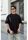Unisex Bisiklet Yaka Baskılı Oversize T-Shirt - Siyah
