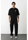 Unisex Bisiklet Yaka Baskılı Oversize T-Shirt - Siyah