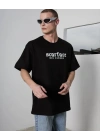 Unisex Bisiklet Yaka Baskılı Oversize T-Shirt - Siyah