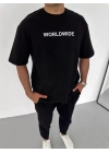 Unisex Bisiklet Yaka Baskılı Oversize T-Shirt - Siyah