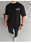 Unisex Bisiklet Yaka Baskılı Oversize T-Shirt - Siyah