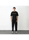 Unisex Bisiklet Yaka Baskılı Oversize T-Shirt - Siyah