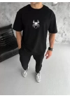 Unisex Bisiklet Yaka Baskılı Oversize T-Shirt - Siyah