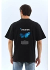 Unisex Bisiklet Yaka Baskılı Oversize T-Shirt - Siyah