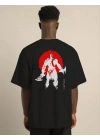 Unisex Bisiklet Yaka Baskılı Oversize T-Shirt - Siyah