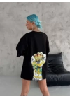 Unisex Bisiklet Yaka Baskılı Oversize T-Shirt - Siyah