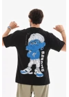 Unisex Bisiklet Yaka Baskılı Oversize T-Shirt - Siyah