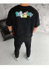 Unisex Bisiklet Yaka Baskılı Oversize T-Shirt - Siyah