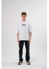 Unisex Bisiklet Yaka Baskılı Oversize T-Shirt - Siyah