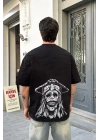 Unisex Bisiklet Yaka Baskılı Oversize T-Shirt - Siyah