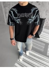 Unisex Bisiklet Yaka Baskılı Oversize T-Shirt-Siyah