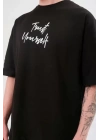 Unisex Bisiklet Yaka Baskılı Oversize T-Shirt - Siyah