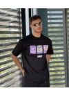 Unisex Bisiklet Yaka Baskılı Oversize T-Shirt - Siyah