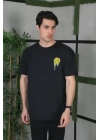 Unisex Bisiklet Yaka Baskılı Oversize T-Shirt - Siyah
