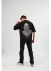 Unisex Bisiklet Yaka Baskılı Oversize T-Shirt - Siyah