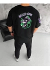 Unisex Bisiklet Yaka Baskılı Oversize T-Shirt - Siyah