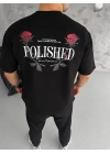 Unisex Bisiklet Yaka Baskılı Oversize T-Shirt - Siyah