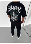 Unisex Bisiklet Yaka Baskılı Oversize T-Shirt - Siyah