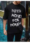 Unisex Bisiklet Yaka Baskılı Oversize T-Shirt - Siyah