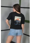 Unisex Bisiklet Yaka Baskılı Oversize T-Shirt - Siyah