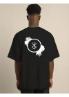 Unisex Bisiklet Yaka Baskılı Oversize T-Shirt - Siyah
