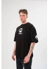 Unisex Bisiklet Yaka Baskılı Oversize T-Shirt - Siyah