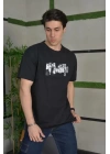 Unisex Bisiklet Yaka Baskılı Oversize T-Shirt - Siyah
