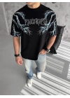 Unisex Bisiklet Yaka Baskılı Oversize T-Shirt - Siyah