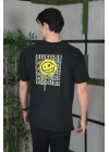 Unisex Bisiklet Yaka Baskılı Oversize T-Shirt - Siyah