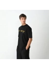 Unisex Bisiklet Yaka Baskılı Oversize T-Shirt - Siyah