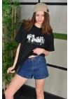 Unisex Bisiklet Yaka Baskılı Oversize T-Shirt - Siyah