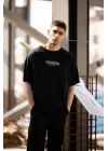 Unisex Bisiklet Yaka Baskılı Oversize T-Shirt - Siyah