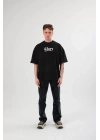 Unisex Bisiklet Yaka Baskılı Oversize T-Shirt - Siyah